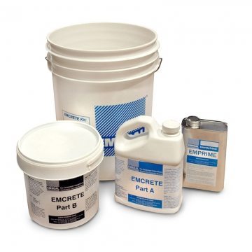 Emcrete comes as kit containing Emprime (primer), resin Parts A & B, and a 5-gallon pail containing the chopped fiberglass and sand aggregate. All you need is one clean, empty 5-gallon pail, a mixer, and your normal tools of the trade.