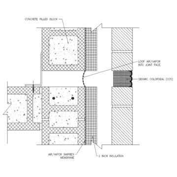 Typical detail shows 2″ expansion joint gap in precast facade, wall cavity, extruded polystyrene insulation, air barrier membrane, CMU backup wall. Note air barrier membrane looped into joint and lack of insulation at the structural joint in the backup wall.