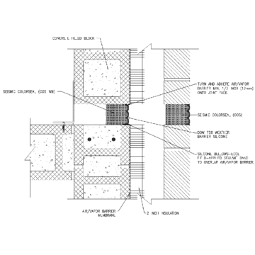 SEISMIC COLORSEAL installed in the backup wall ensures continuity of the air barrier, continuity of thermal insulation, and continuity of waterproofing.