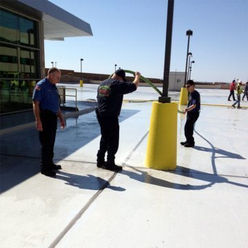 Water testing the central parking garage expansion joints at Will Rogers Airport.