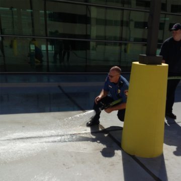 Water testing the central parking garage expansion joints at Will Rogers Airport.