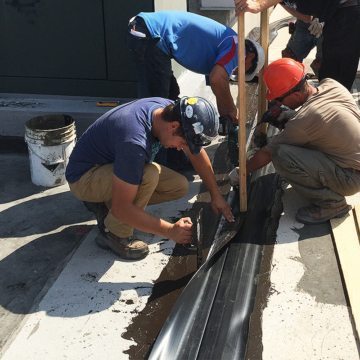 RoofJoint lower mounting flange embedded into roof membrane mastic.