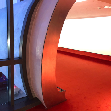 Curved expansion joints handled with Emseal Seismic Colorseal at TWA Hotel at JFK