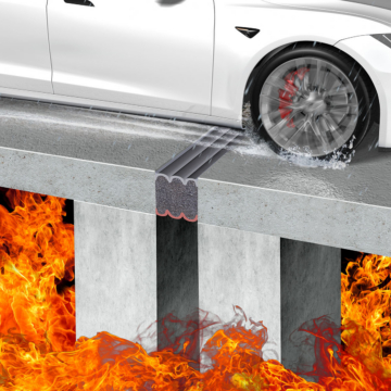 Fire-rated expansion joint graphic with DFR supporting vehicular traffic while offering fire-rated joint protection.