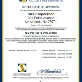 ISO 9001 Certificate of Approval for Quality Management in design, manufacturing, and distribution of expansion joints and sealants - Sika Emseal
