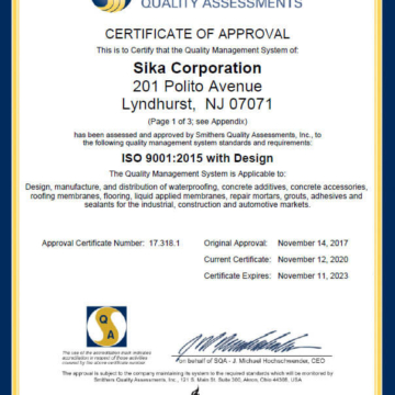 ISO 9001 Certificate of Approval for Quality Management in design, manufacturing, and distribution of expansion joints and sealants - Sika Emseal