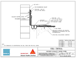Waterproof deck-to-wall roof expansion joint with fluid applied roofing and waterproofing membrane coating detail - Sikalastic RoofPro and RoofJoint by Sika Emseal