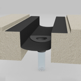 Wabo®GutterFlex neoprene flexible gutter expansion joint system blockout mounted with drainage tube for water management with seismic movement by Sika Emseal