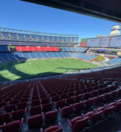 Wide view of Gillette Stadium seating bowl with expansion joint visible.