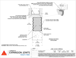 Wall‑to‑wall fire‑rated expansion joint detail at the Joe Louis Arena Parking Structure using Emshield WFR2 with a 6‑inch joint width and a 2‑hour UL 2079 Fire & Temperature rating, accommodating ±50% movement.