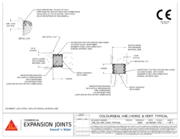 CAD section details of Sika Emseal Colourseal VHE-CE CE-marked movement joint in vertical and horizontal conditions, tested in accordance with EN-1366-4, showing precompressed foam core with colored silicone faces bonded to substrates to deliver a watertight, UV-stable seal with ±50% movement capacity
