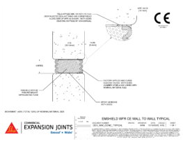 CAD detail showing Sika Emseal Emshield WFR CE Fire Resistant movement joint in section, including silicone-faced foam seal compressed between vertical wall concrete substrate faces. Product provides watertight, airtight and smoke seal with up to 4-hour fire resistance and ±50 % movement capacity