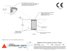 CAD detail showing Sika Emseal Emshield DFR CE movement joint in section, including silicone-faced foam seal compressed between horizontal deck concrete substrate faces. Product provides watertight, airtight and smoke seal with up to 4-hour fire resistance and ±50 % movement capacity