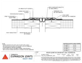 RoofJoint metal roof expansion joint detail showing installation using Sikafast 3341 structural adhesive. This CAD detail illustrates the RoofJoint system at a metal roof interface, including PVDF‑compatible components, adhesive bond locations, and recommended joint configuration. Ideal for architects, engineers, and contractors detailing metal roof expansion joint assemblies.