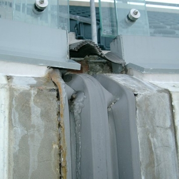 Failed strip seal transition in stadium treads and risers: What to avoid in stadium expansion joint sealing