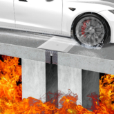 Fire-rated expansion joint graphic showing SJS-FR system with coverplate supporting vehicular traffic while offering fire-rated protection.