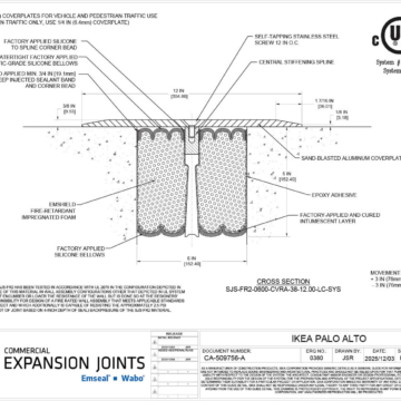 SJS-FR2 fire-rated seismic expansion joint cross-section detail showing sand-blasted aluminum coverplate, silicone bellows, and intumescent layer