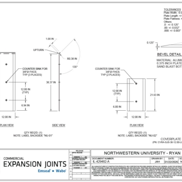 Engineering drawing showing plan and side views of custom coverplates for Ryan Field, with upturn detail, bevel detail, and countersink dimensions for field-verified manufacturing.