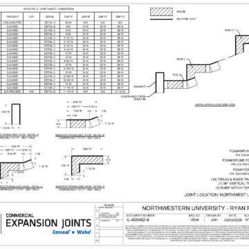 Engineering drawing showing the northwest lower bowl joint schedule for Ryan Field, with row-by-row product and dimension table, manufacturing side view details, and installation guide side view illustrating the tread-and-riser transitions from tub to parapet.