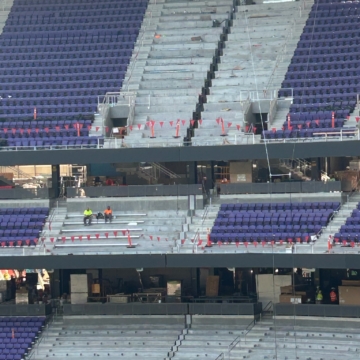 Elevated view of Ryan Field's seating bowl showing the expansion joint running down the aisle through multiple seating tiers.